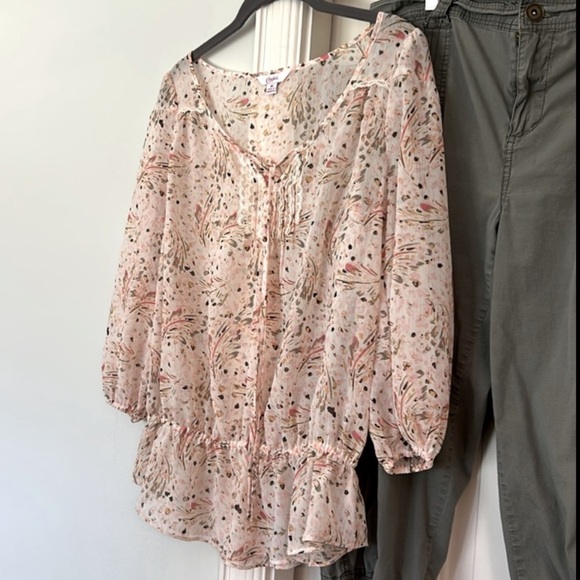 Floral Print Peach Green Women's Blouse Long Sleeve Cinch Waist Medium Candie’s - Picture 4 of 8